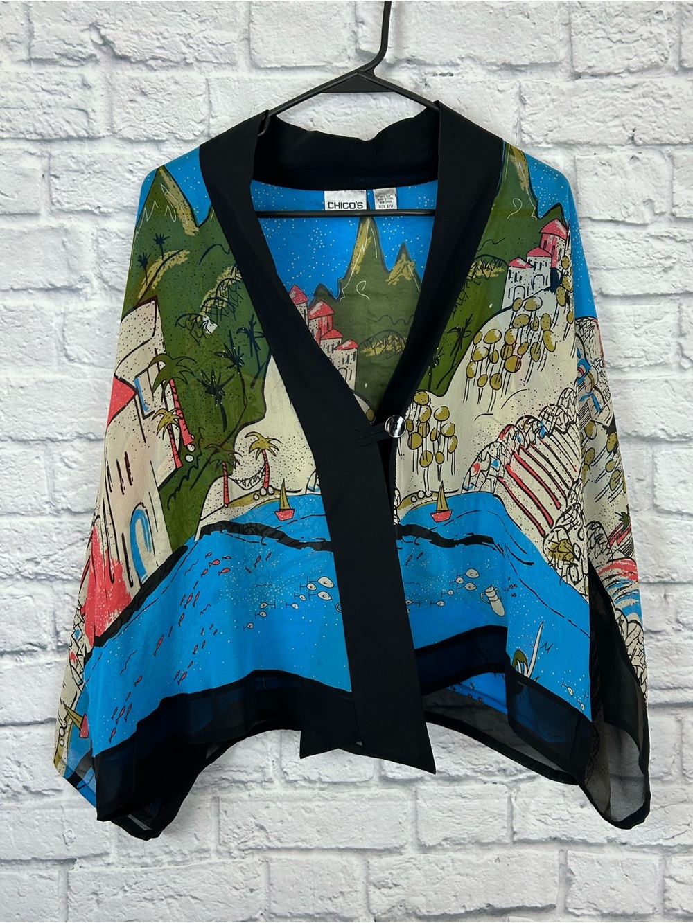 Vintage Chico’s 100% Silk S/M Scenic Village Print Kimono Jacket Artsy Boho